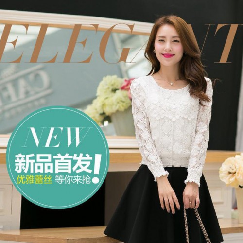 2015春季女装蕾丝衫短装新款蕾丝雪纺打底衫宽松大码时尚蕾丝短款图3