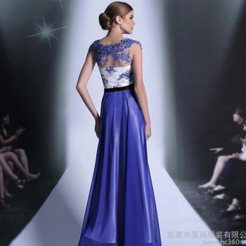 宝蓝色雪纺包肩结婚敬酒礼服批发 宴会晚礼服秋冬季长裙30889图1