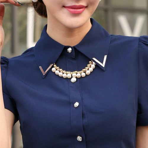2016韩版新款修身纯色钉珠短袖衬衫女 OL职业装雪纺衬衫一