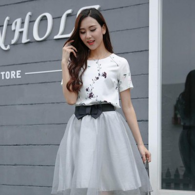 2016新款印花雪纺连衣裙韩版修身短袖两件套装裙A字裙