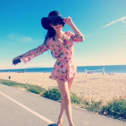 2015夏季波西米亚印花沙滩雪纺裙裤性感V领长袖连体裤碎花连图3