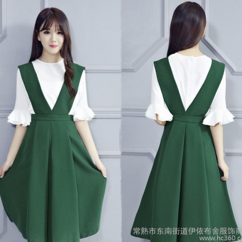 2016春夏季新品女装韩版修身连衣裙雪纺中长裙时尚背带裙两件图3