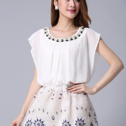 2015春夏新品女装清新淡雅刺绣欧根纱雪纺淑女小香风清新连衣裙图3