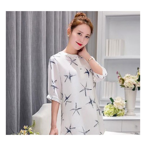 **爆款 胖mm新款 女装雪纺衫 海星印花衬衫中袖中长款包邮图1