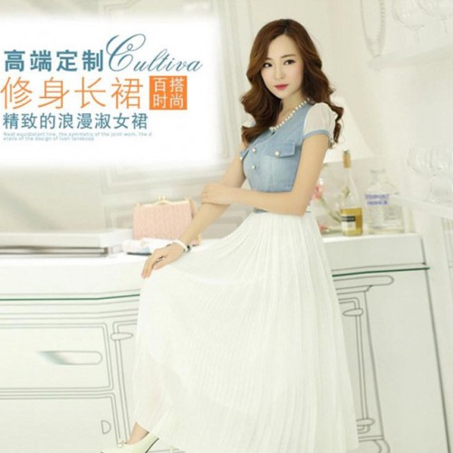 2014新款韩版女装牛仔拼接修身显瘦雪纺连衣裙图1