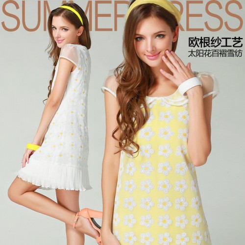 专柜2013新款夏装 娃娃领欧根纱拼接太阳花百褶雪纺连衣裙女图3