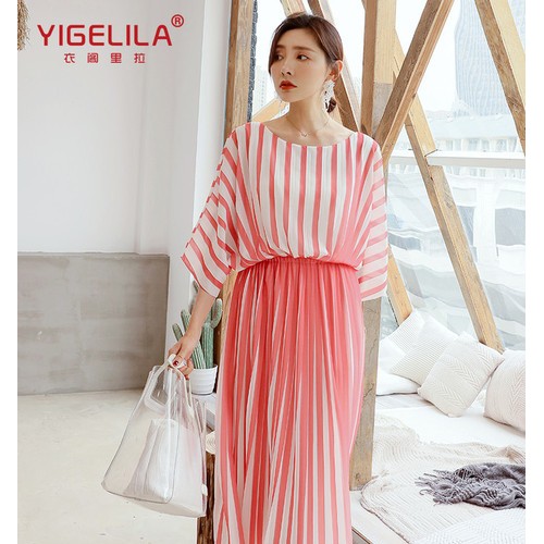 YIGELILA衣阁里拉法式甜美条纹雪纺压褶**袖收腰长款连衣裙64928图3