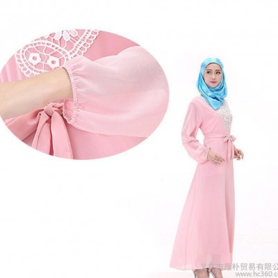 新款穆斯林雪纺长裙 阿拉伯回族民族服装 大码女装长袖连衣裙