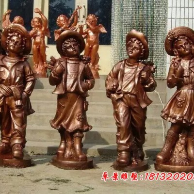 提花篮的西方小孩铜雕广场小孩雕塑