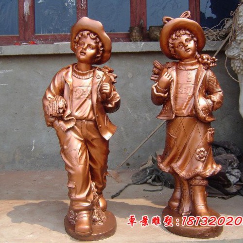 提花篮的西方小孩铜雕广场小孩雕塑图3