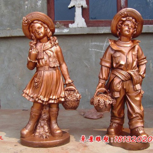 提花篮的西方小孩铜雕广场小孩雕塑图2