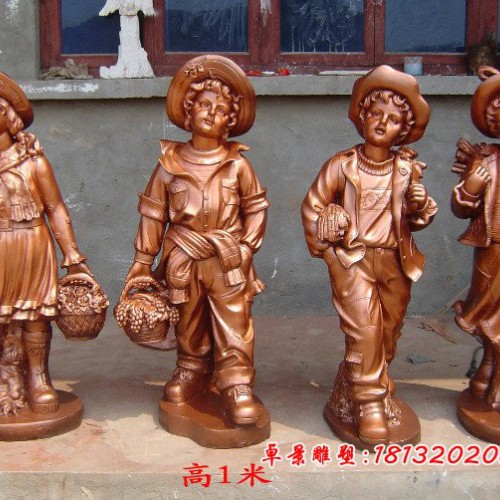 提花篮的西方小孩铜雕广场小孩雕塑图4