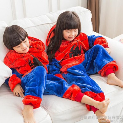 法兰绒加厚蜘蛛侠卡通动物连体睡衣如厕儿童亲子家居睡服一件代发
