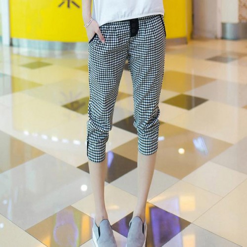 2015新款高腰休闲格子裤子胖MM大码显瘦薄哈伦七分裤女夏图2