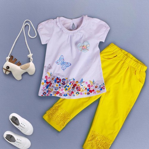 童装女童套装2017夏季时尚精美印绣花T恤蕾丝七分裤子两件套