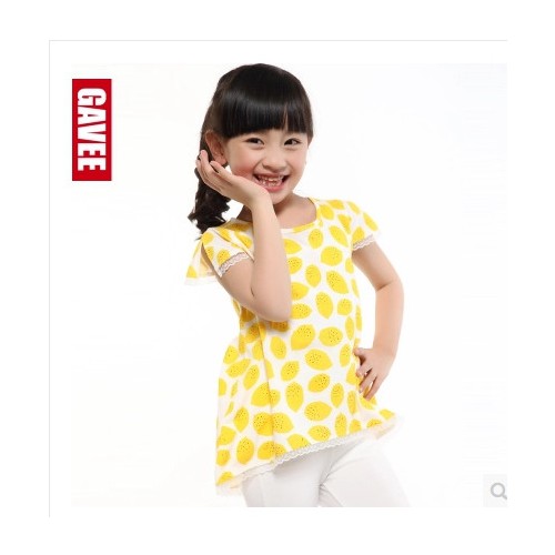 GAVEE 2014年夏季新款女童短袖t恤韩版女中大儿童装纯棉蕾丝上衣