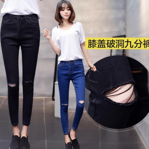 直销2016新品牛仔裤女韩版破洞小脚裤九分裤学生紧身裤子图2