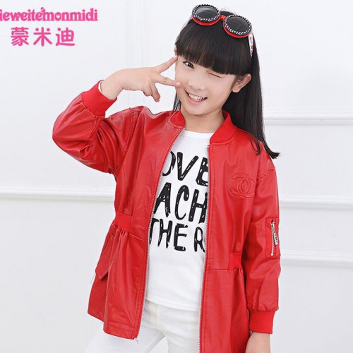 2017春季新款女童装新女PU皮收腰儿童皮衣夹克外套直销图2
