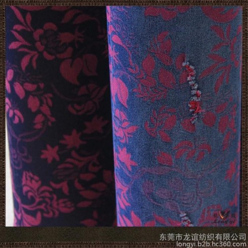 龙谊纺织全棉提花牛仔布生产**  长裤面料 仿针织牛仔提花 彩色迷彩牛仔提花连衣裙**布料  隐形弹力大提花图5