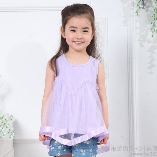 2015夏款女童韩版童装 圆领无袖网纱短裙 纯棉纯色蕾丝童裙图2