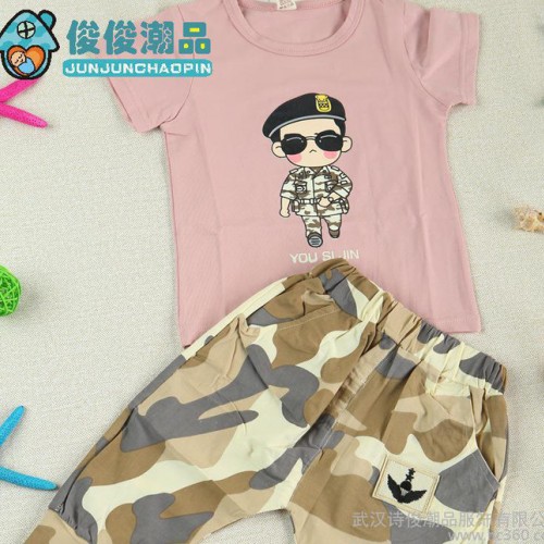男女儿童套装短袖夏装宝宝纯棉童装卡通太阳的后裔T恤中裤两件套图2