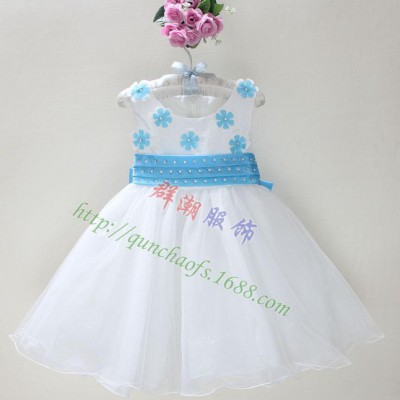 新款童装 欧美热宠公主纱裙 天蓝色花朵 H9005