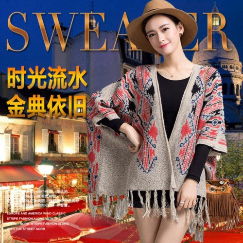 欧美**衫斗篷披肩混纺女开衫毛织 提花拼接merry jen图3