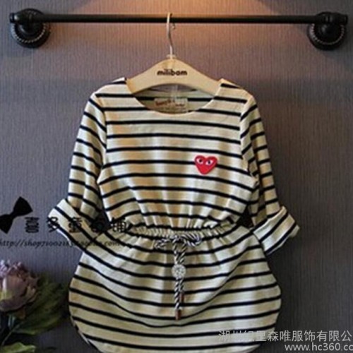 外贸童装 韩版女童条纹百搭收腰长袖连衣裙**图2