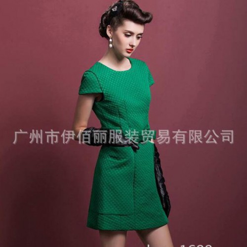 15年欧美女装新款复古时尚圆领细格提花连衣裙送腰带图2