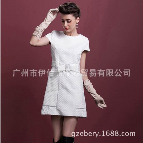 15年欧美女装新款复古时尚圆领细格提花连衣裙送腰带图3