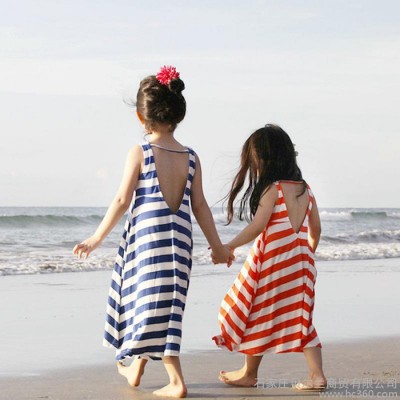供应2014夏款新品韩版童装 女童长款条纹无袖露背连衣裙 沙滩裙