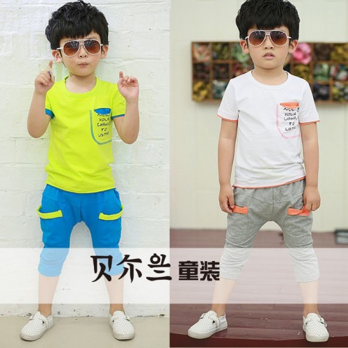 供应2014夏款新品童装 儿童短袖套装 男童字母短袖+五分裤休闲套装图2