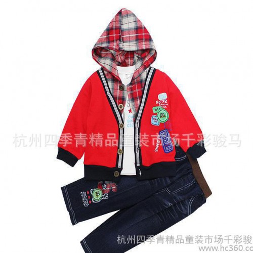 批发童装春秋新款套装小猪3569韩版时尚全棉带帽宝宝三件套*图2