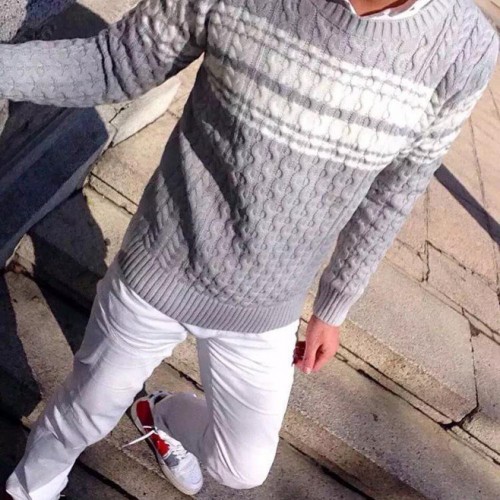 新款潮流条纹男装针织衫套头韩版彭于晏提花图案男士毛衣图2