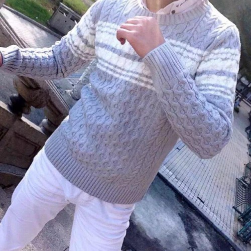 新款潮流条纹男装针织衫套头韩版彭于晏提花图案男士毛衣图3