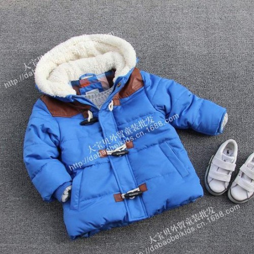 外贸原单童装 男童蓝色拼皮牛角扣连帽棉服棉衣 58160图2