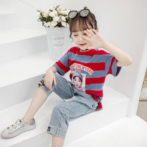 童装2019新款夏装女童套装儿童时髦两件套牛仔短裤T恤洋气韩版潮图2