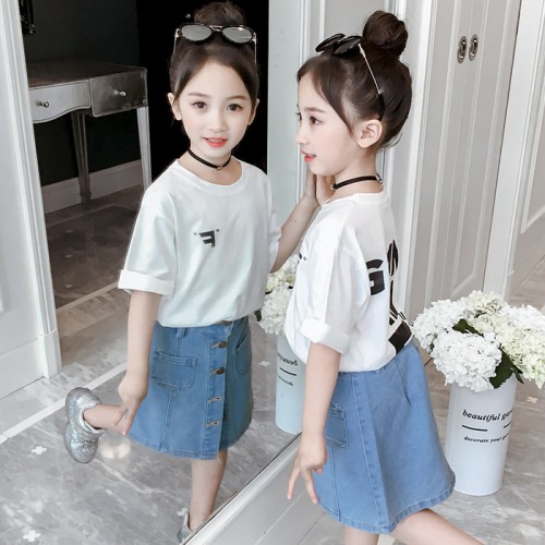 女童短袖套装短裙2019新款韩版夏装T恤牛仔裙两件套儿童洋气套裙2021图3