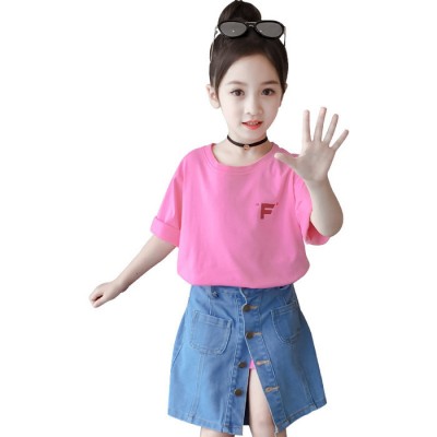 女童短袖套装短裙2019新款韩版夏装T恤牛仔裙两件套儿童洋气套裙2021
