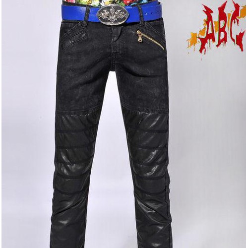 复古夜场舞台歌手牛仔裤K-210-048配皮黑色牛仔裤 男歌图1