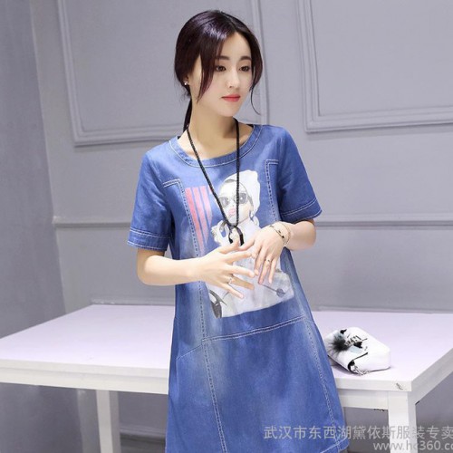 牛仔连衣裙女夏短袖中长款薄韩版修身显瘦翻领印花A字牛仔裙中裙图3