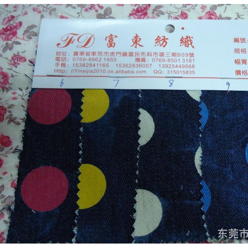 全棉牛仔布印大圆点面料 弹力牛仔印花布图2