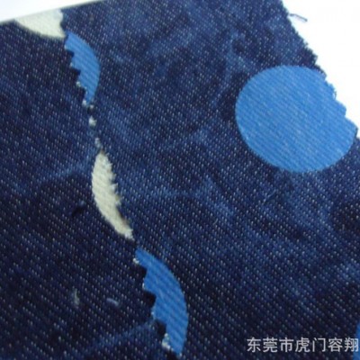 全棉牛仔布印大圆点面料 弹力牛仔印花布