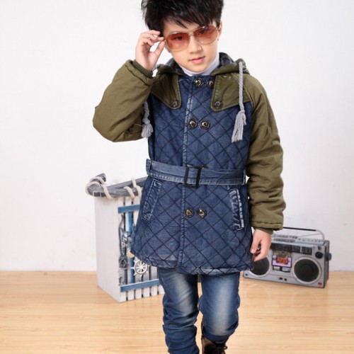2014新款男童牛仔棉风衣 中大童韩版腰带水洗牛仔棉衣 **图3