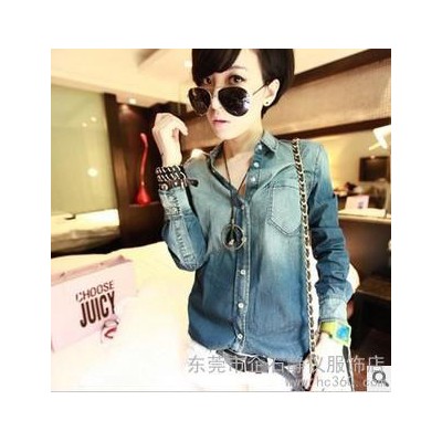 供应 价女装 简约水洗牛仔长袖中长款做旧修身显瘦牛仔衬衫FC2418