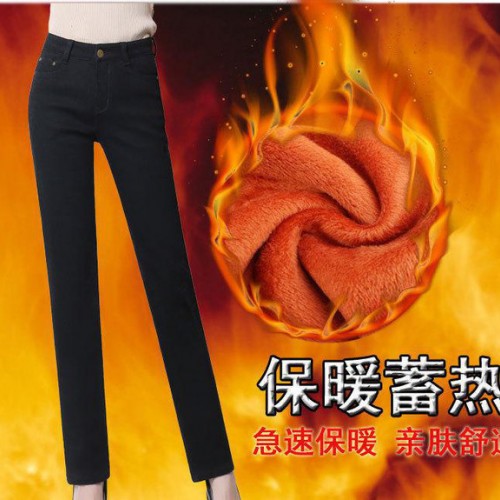 新款加绒加厚黑色直筒牛仔裤女保暖裤图2