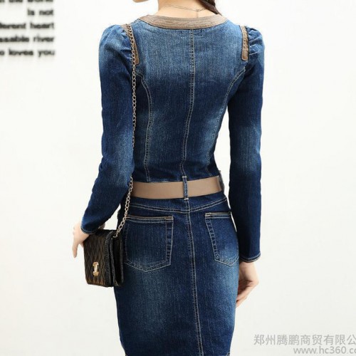 2015春新款修身v领长袖打底牛仔女高端套头春秋牛仔连衣裙图2