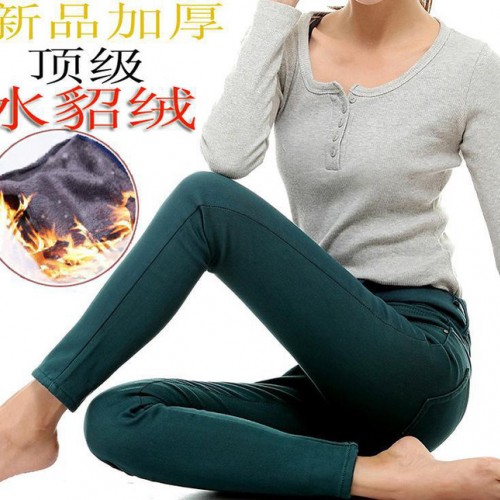 水貂绒加绒加厚高腰牛仔长裤女秋冬小脚裤铅笔裤图3