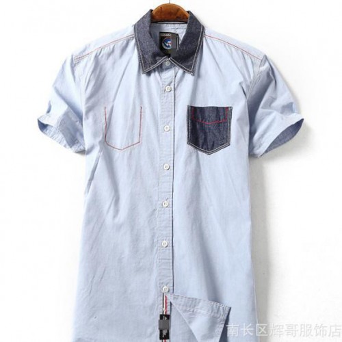 辉哥外贸原单 2015夏装新品 男士时尚撞色牛仔布拼接短袖衬图2