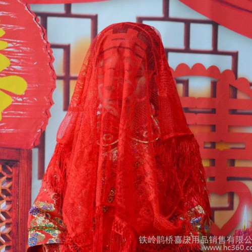 镂空新娘结婚红盖头头饰配件披肩龙凤流苏眉头红结婚用品必备图3